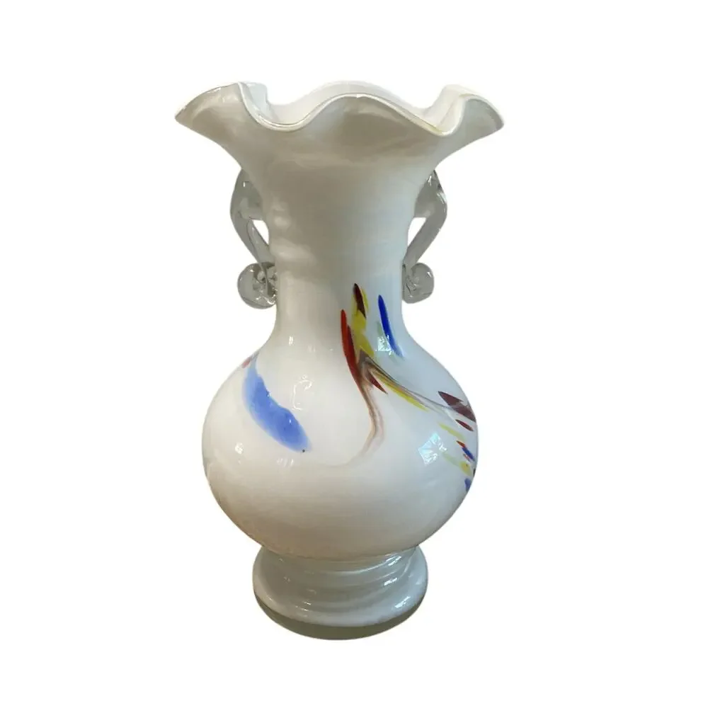 Vintage Dalian Art Glass White Cased Vase Ruffled Edge Double Handle 9.75